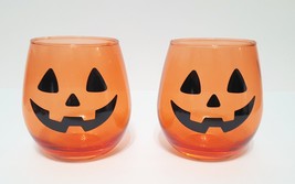 NEW Set of 2  Orange Halloween Jack O Lantern Face Stemless Wine Glasses 16 OZ - £16.05 GBP