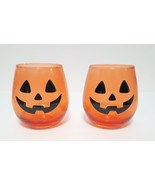 NEW Set of 2  Orange Halloween Jack O Lantern Face Stemless Wine Glasses... - £15.79 GBP