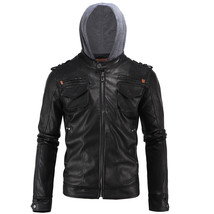 Men&#39;s Motorcycle Brando Style Biker Real Leather Hoodie Jacket - Detach ... - $69.29