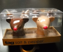 Tag Salt and Pepper Shaker Set Reindeer Two Tone Brown Red Noses Boxed Unused - $8.99