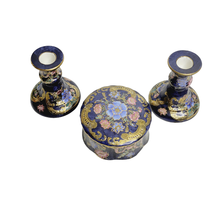 Toyo Candlestick Trinket Box 3 Piece Set Blue Gold Floral Vintage Vanity Display - £38.96 GBP