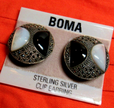 All Sterling 925 Silver Marcasite MOP Black Onyx Clip On Earrings Boma    18.7gr - £45.09 GBP