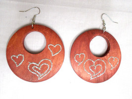 Boho Burnt Burgundy W Silver Glitter Hearts Wood Round Flat Hoop Wooden Earrings - £4.73 GBP