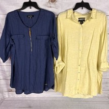 Lot 2 Ellen Tracy Tahari Women&#39;s XL Blouses Tunics 100% Linen Navy Blue Yellow - £27.51 GBP