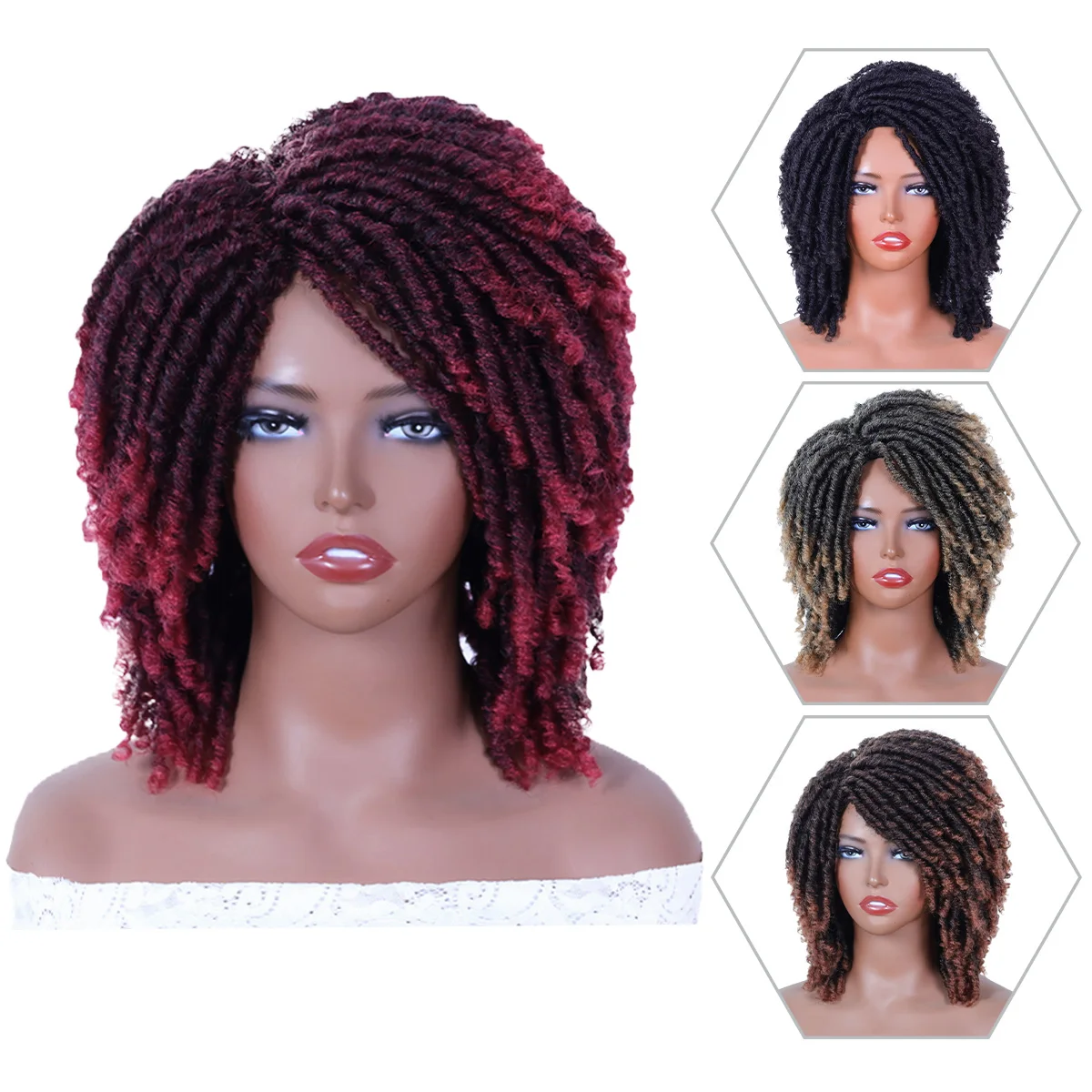 BCHR Short Dreadlock Curly Synthetic Braided Wig Black Brown Red African Fa - £18.94 GBP+