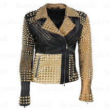 New Women Black Golden Studded Punk Unique Brando Style Biker Leather Ja... - £430.00 GBP