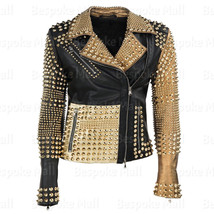 New Women Black Golden Studded Punk Unique Brando Style Biker Leather Ja... - £438.05 GBP