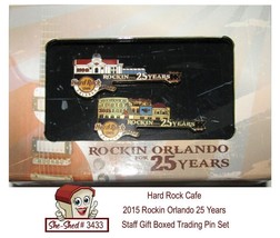 Hard Rock Cafe Rockin Orlando 25 Years Staff Gift Boxed Trading Pin Set - £39.27 GBP