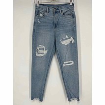 American Eagle Mom Jeans Sz 2 Long Blue High Waist Distressed Raw Hem - £16.98 GBP
