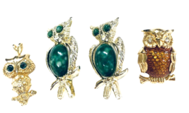 Vintage Lot Of 4 Owls Brooch Pin Pendant Jewelry Faux Malachite Oval Gold Green - £27.33 GBP