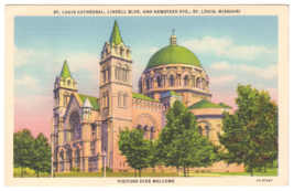 Vtg Postcard-St. Louis Cathedral-Visitors Ever Welcome MO-Street View-Linen~MO1 - £6.35 GBP