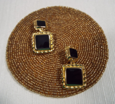 Vintage Signed Anne Klein Gold Tone Black Enamel Drop Door Knocker Clip Earrings - £78.62 GBP