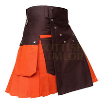 Scottish Handmade Men&#39;s Orange &amp; Brown 100% Cotton Utility Hybrid Fashion Kilt - £60.89 GBP