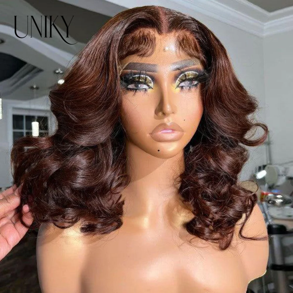 4# Chocolate Brown Color Short Body Wave Bob Wig 13x4 Lace Frontal Human Ha - £58.71 GBP+