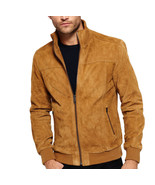New Mens Brown Suede Leather Jacket Slim Fit Biker Motorcycle Jacket - F... - $109.99
