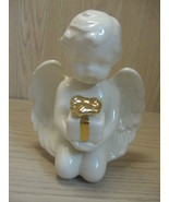 Figurine White With Gold Bow Kneeling Angel Cupid Holding Present  - £7.95 GBP