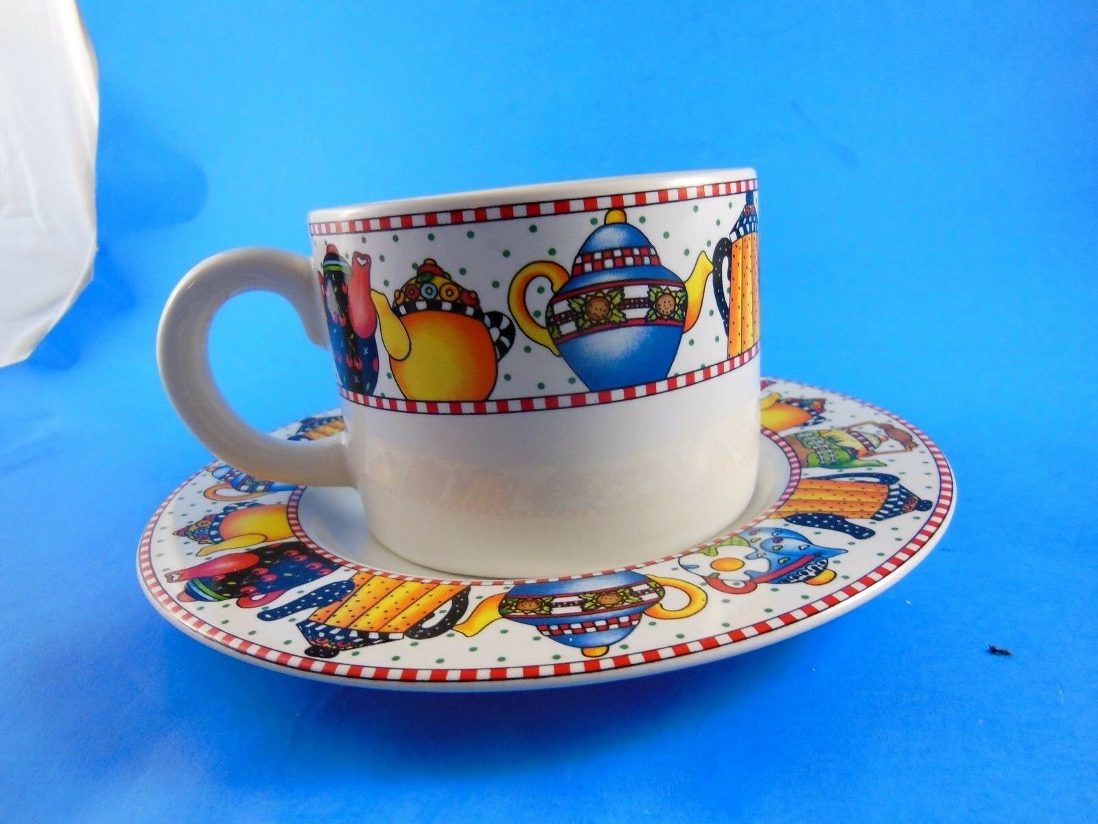Mary Engelbreit Cup & Saucer Afternoon Tea Sukura 1984 Stoneware Tea Pots design - £15.81 GBP