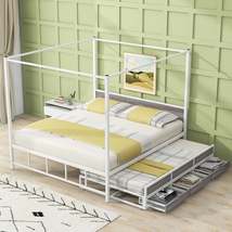 Queen Size Metal Canopy Platform Bed with Twin Size Trundle and 3 Storage Drawer - £312.16 GBP