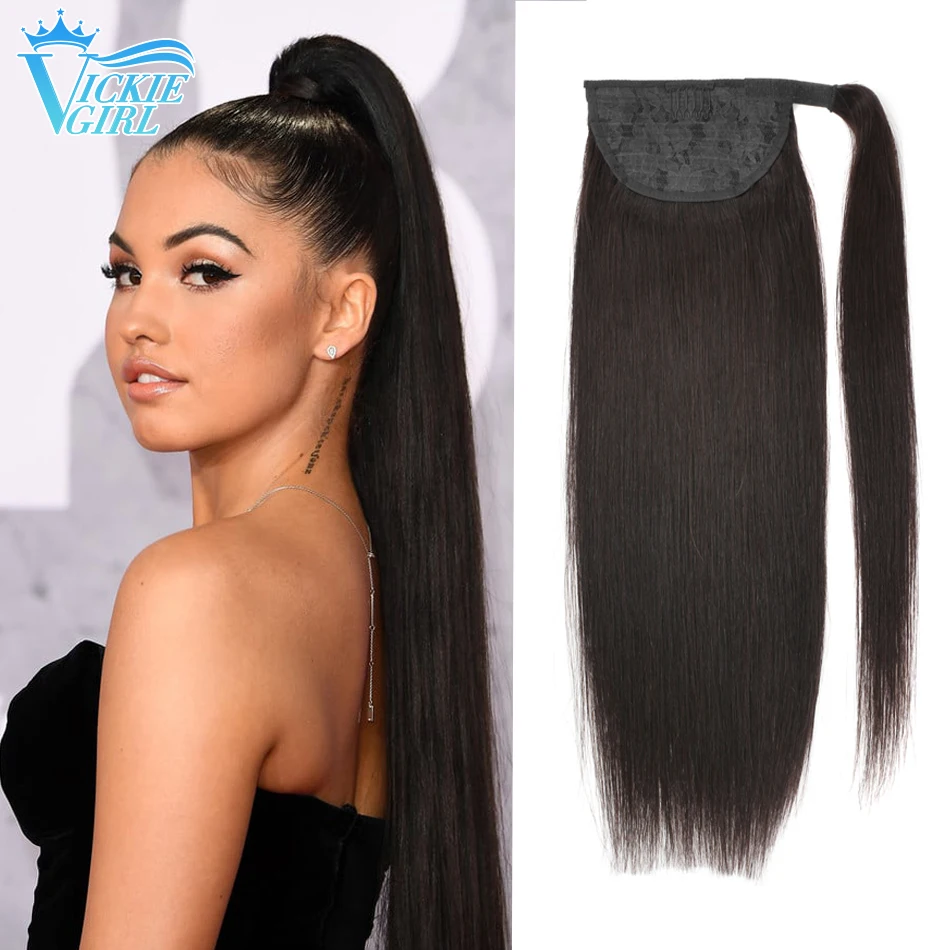 Straight Ponytail Human Hair Extensions Wrap Around Horsetail With  Clip In - £150.68 GBP