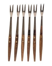 Vintage Set of 6 Fondue Forks Wood Handles 2 Prong 9&quot; Stainless Steel Japan MCM - £15.78 GBP