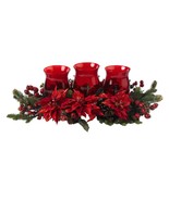 Poinsettia &amp; Berry Triple Candleabrum by Nearly Natural - £103.97 GBP