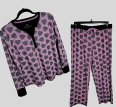 Betsey Johnson Pink &amp; Black Hearts Women&#39;s Large Intimates Flannel Pajama Set - £27.64 GBP