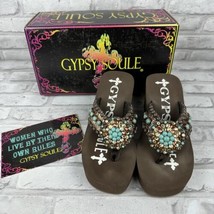 Gypsy Soule Martina Wedge Sandals SZ 6 Brown Turquoise Studded Flip Flop... - £86.77 GBP