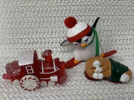 3 VTG Hallmark Merry Miniatures 1988 CHRISTMAS Penguin on Skis Cat in Shoe Train - $16.10