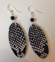 Black White Snake Wood Beaded Earrings Handcrafted Unique Pierced Dangle Painted - £33.18 GBP