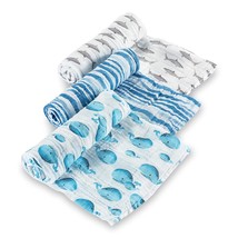 100% Cotton Muslin Swaddle Nautical Ocean Baby Blanket Set, Whale And Shark Patt - £46.27 GBP