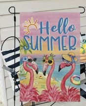 Hello Summer 3 Pink Flamingos  Double Sided Garden Flag ~ 12&quot; x 18&quot; ~ NEW! - £9.61 GBP