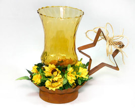 Rusty Tin Candle Holder with Amber Votive Cup and Sunflowers - £7.98 GBP