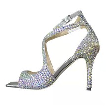 Luxury Rhinestone Sandals Woman Open Toe Crystal Diamond Cross Strap High Heels  - £148.92 GBP