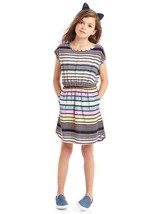 New Gap Kids Girls Navy Blue Multicolor Striped Round Neck Cap Sleeve Dr... - £15.56 GBP