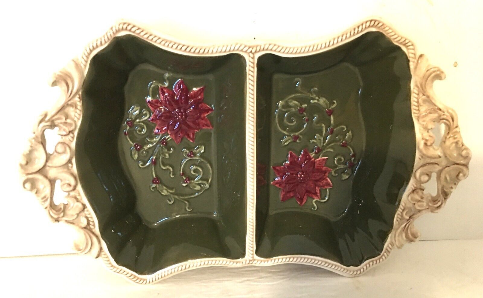 Primary image for Grasslands Road Christmas Serving Dish Divided, Beige Ceramic w/Poinsettias 6x11