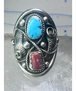 Navajo Ring turquoise coral leaves band size 10.50 sterling silver women men - $186.12