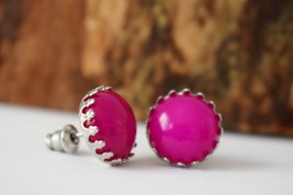 Pink Jade Stud Earrings Silver, Gemstone earrings, Stone stainless steel stud pu - £24.15 GBP