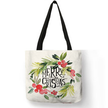 New Style Handbag Women Merry Christmas Floral Loop Printing Bags Linen Fabric C - £13.86 GBP