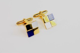 ✅ Vintage Pair Mens Cuff Links Square Checkerboard Onyx Blue Stone Gold ... - £5.80 GBP