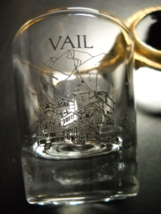 Vail Shot Glass Clear Glass with Black Chateau Mountain Scene Gold Rim - £5.49 GBP