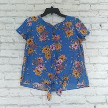Pink Rose Womens Blouse Small Blue Floral Tie Front Keyhole Top - £14.35 GBP