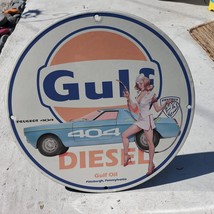 1965 Vintage Style Gulf Diesel Oil ''Peugeot 404'' Fantasy Porcelain Enamel Sign - $125.00