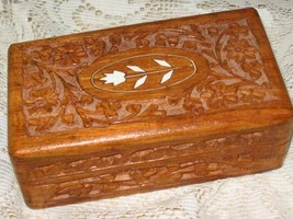 Wooden Trinket Box w/ Bone Inlay-Hand Carved-India - £8.01 GBP