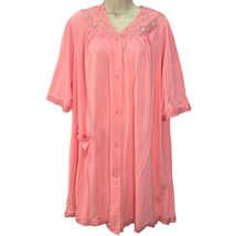 Vintage Shadowline Nylon Nightgown Size L Pink Lace 1/2 Sleeve Button Down  - £19.63 GBP