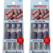 2x NEW Kiss Nails Impress Press On Manicure Short Gel Mauve Snowflake Christmas - £19.67 GBP
