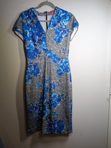 BETSEY JOHNSON Stretch Gray Blue Floral Cap Sleeve Fit And Flare Dress Sz 6 - $37.62