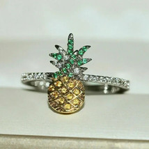 2.00Ct Round Cut Simulated Yellow Citrine Pineapple Ring 14K White Gold Plated - £45.55 GBP