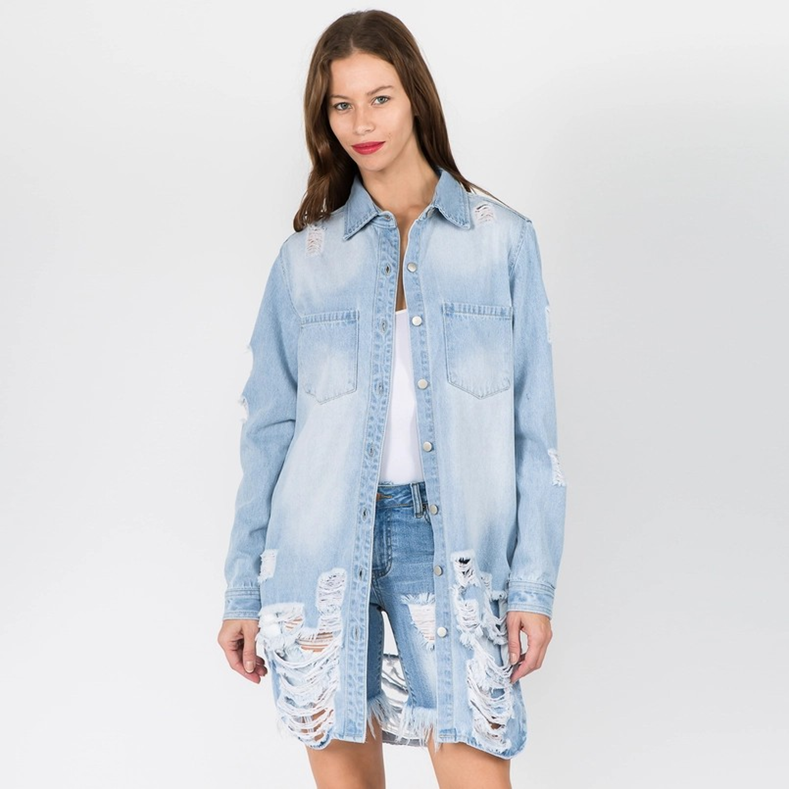 Long Length Distressed Denim Shirt Jacket Shacket Light Blue