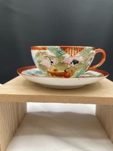 Nippon Hand Painted Porcelain Satsuma Moriage Geisha Design Tea Cup &amp; Saucer - £15.22 GBP
