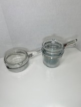 Vintage Pyrex Flameware Glass 3 piece Double Boiler 1 1/2 Qt w/Lid &amp; Sauce Pan - £25.66 GBP